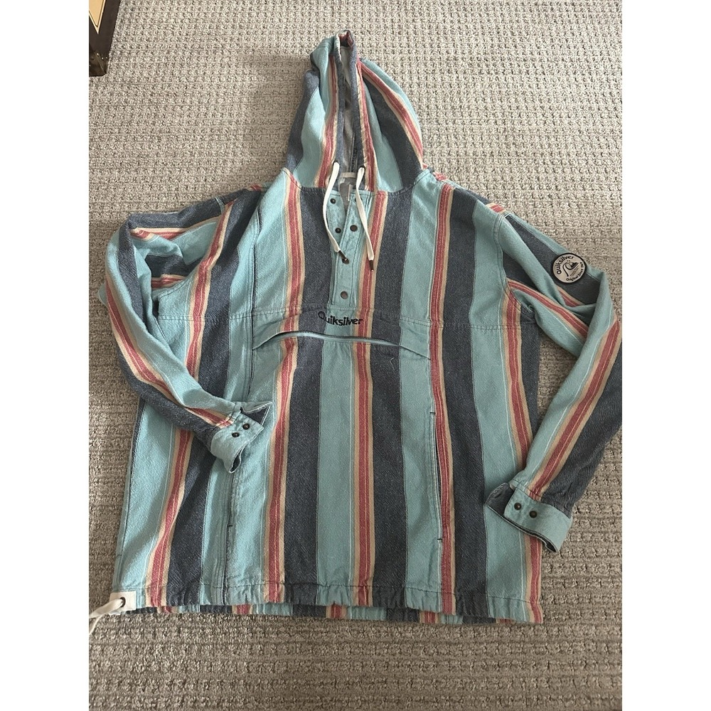 Quicksilver Hoodie Men's Large aqua Stripe Baha Surf Zip Pockets Pouch Y2K